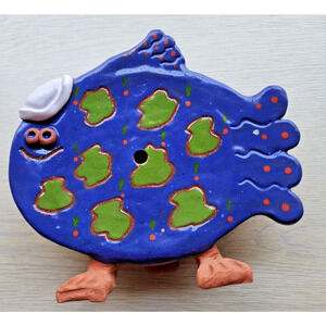 CLOCK-HANDMADE CERAMIC-Signed-Blue & Green Fish w/Feet-NO CLOCKWORKS
